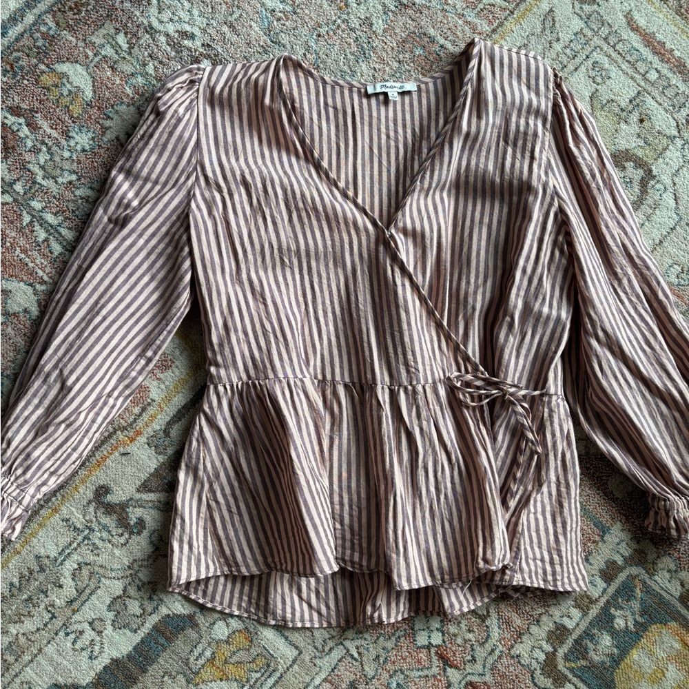 Madewell Puff-Sleeve Peplum Wrap Top Stripe pink